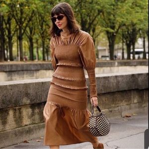 Totême Coripe Smocked Silk Dress Chocolate Brown